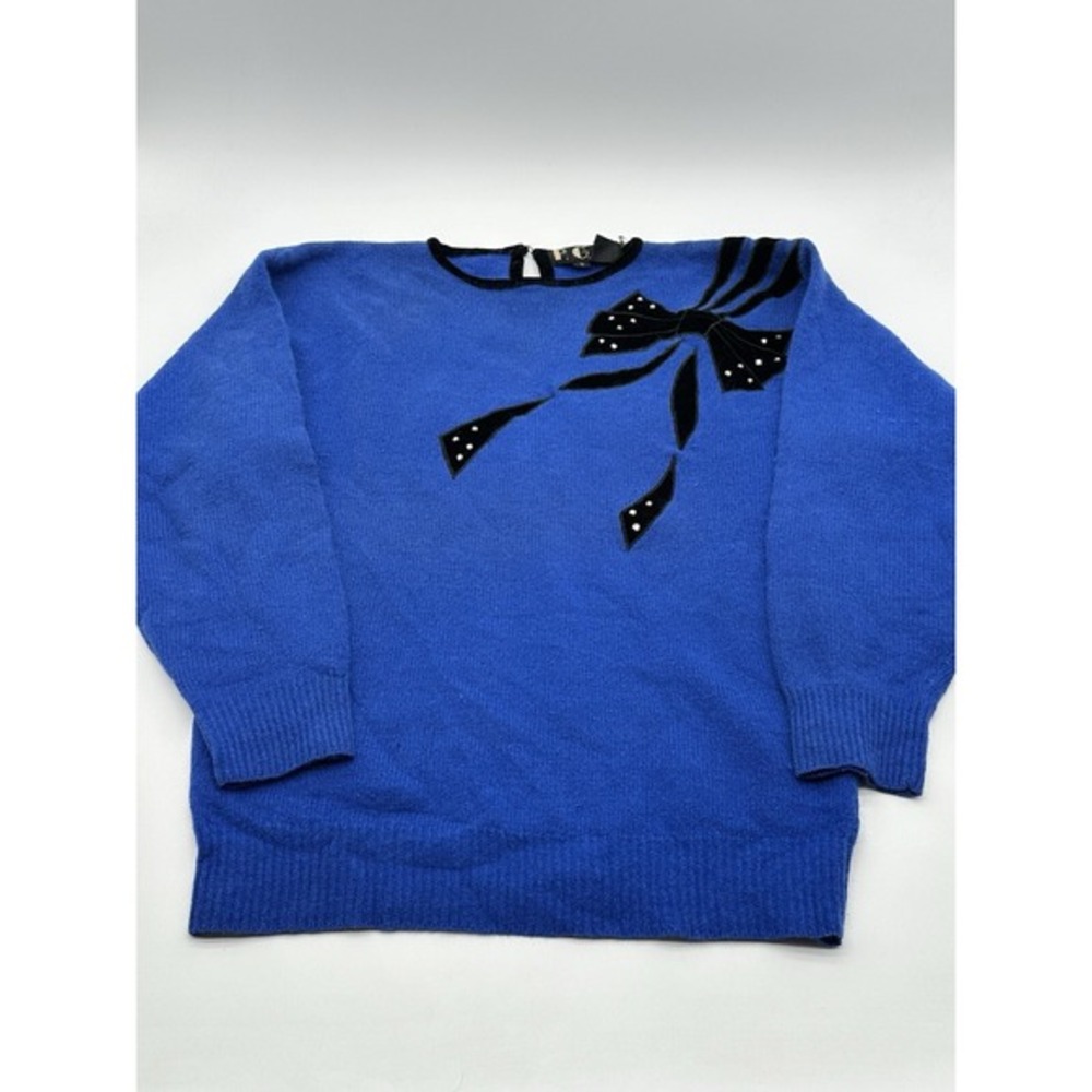 Vintage‎ P.G.E Angora Cardigan Sweater Womens Small Blue Beads Lambswool Bow